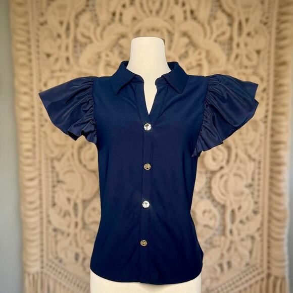 Madison Paris New York Navy Blue Puff Sleeve Blouse Size L - Picture 2 of 8